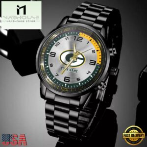 Custom Name Green Bay Packers NFL Black Stainless Steel Watch Gifts For Fans