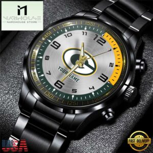 Custom Name Green Bay Packers NFL Black Stainless Steel Watch Gifts For Fans