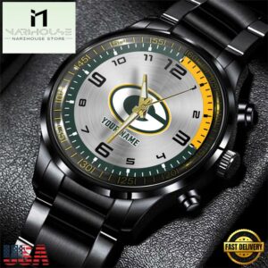 Custom Name Green Bay Packers NFL Black Stainless Steel Watch Gifts For Fans