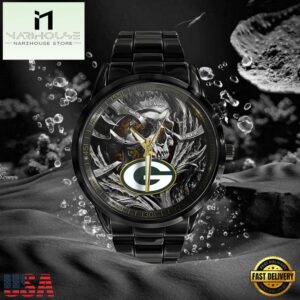 Custom Name Green Bay Packers NFL Men Black Stainless Steel Watch Gift For Fans