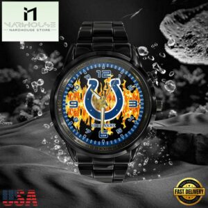Custom Name Indianapolis Colts NFL 3D Men Black Stainless Steel Watch Gift For Fans