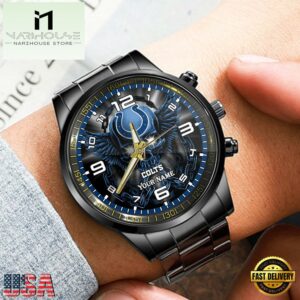 Custom Name Indianapolis Colts NFL 3D Men Black Stainless Steel Watch Gift For Fans