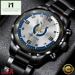 Custom Name Indianapolis Colts NFL Black Stainless Steel Watch Gifts For Fans