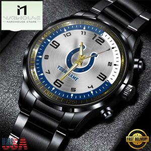 Custom Name Indianapolis Colts NFL Black Stainless Steel Watch Gifts For Fans