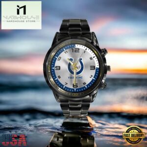 Custom Name Indianapolis Colts NFL Black Stainless Steel Watch Gifts For Fans