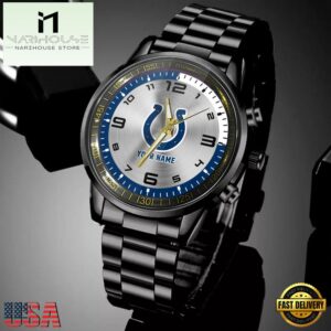 Custom Name Indianapolis Colts NFL Black Stainless Steel Watch Gifts For Fans