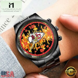 Custom Name Kansas City Chiefs NFL 3D Men Black Stainless Steel Watch Gift For Fans