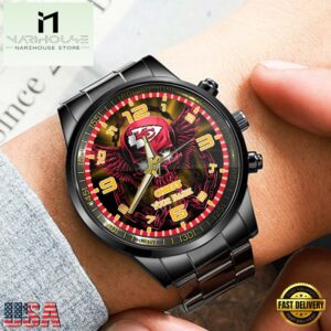 Custom Name Kansas City Chiefs NFL 3D Men Black Stainless Steel Watch Gift For Fans