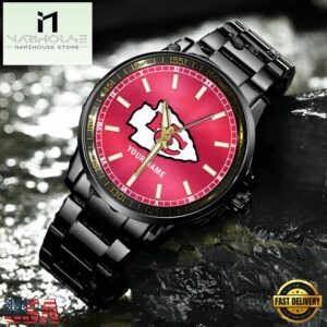 Custom Name Kansas City Chiefs NFL Black Stainless Steel Watch Gifts For Fans