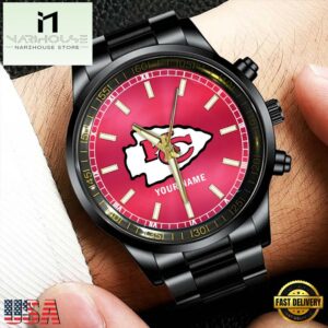 Custom Name Kansas City Chiefs NFL Black Stainless Steel Watch Gifts For Fans