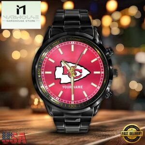 Custom Name Kansas City Chiefs NFL Black Stainless Steel Watch Gifts For Fans