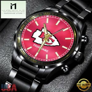 Custom Name Kansas City Chiefs NFL Black Stainless Steel Watch Gifts For Fans