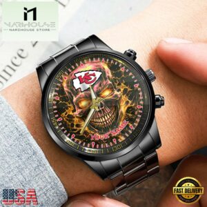Custom Name Kansas City Chiefs NFL Men Black Stainless Steel Watch Gift For Fans