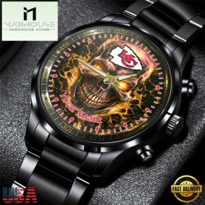 Custom Name Kansas City Chiefs NFL Men Black Stainless Steel Watch Gift For Fans