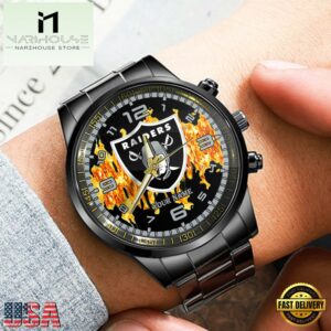 Custom Name Las Vegas Raiders NFL 3D Men Black Stainless Steel Watch Gift For Fans