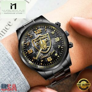 Custom Name Las Vegas Raiders NFL 3D Men Black Stainless Steel Watch Gift For Fans