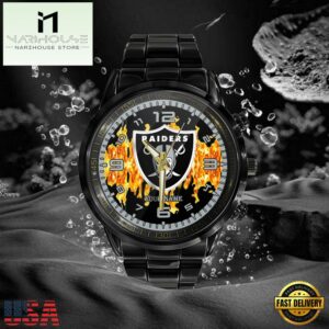 Custom Name Las Vegas Raiders NFL 3D Men Black Stainless Steel Watch Gift For Fans