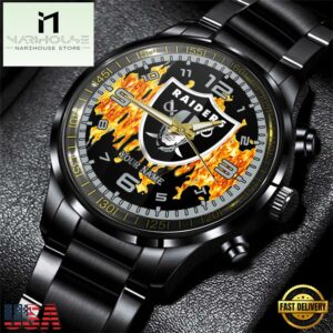 Custom Name Las Vegas Raiders NFL 3D Men Black Stainless Steel Watch Gift For Fans