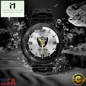 NFL Custom Name Las Vegas Raiders Black Stainless Steel Watch Gifts For Fans 7 Custom Name Las Vegas Raiders NFL Black Stainless Steel Watch Gifts For Fans