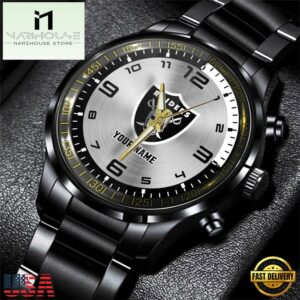 Custom Name Las Vegas Raiders NFL Black Stainless Steel Watch Gifts For Fans