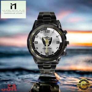 NFL Custom Name Las Vegas Raiders Black Stainless Steel Watch Gifts For Fans 6 Custom Name Las Vegas Raiders NFL Black Stainless Steel Watch Gifts For Fans