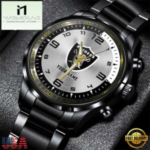Custom Name Las Vegas Raiders NFL Black Stainless Steel Watch Gifts For Fans