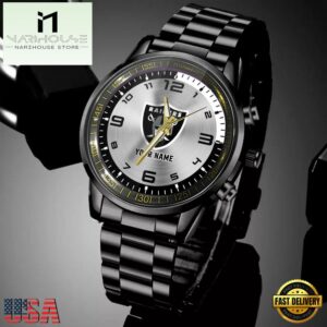 Custom Name Las Vegas Raiders NFL Black Stainless Steel Watch Gifts For Fans