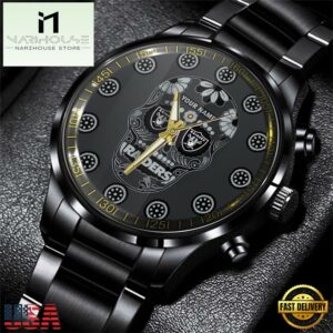 Custom Name Las Vegas Raiders NFL Men Black Stainless Steel Watch Gift For Fans