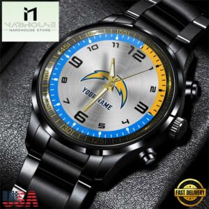 Custom Name Los Angeles Chargers NFL Black Stainless Steel Watch Gifts For Fans