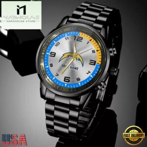 Custom Name Los Angeles Chargers NFL Black Stainless Steel Watch Gifts For Fans