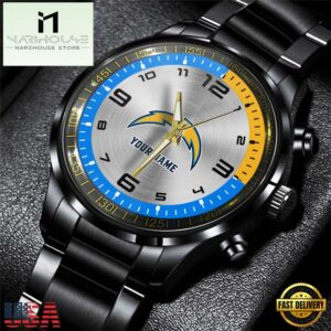 Custom Name Los Angeles Chargers NFL Black Stainless Steel Watch Gifts For Fans