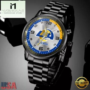 Custom Name Los Angeles Rams NFL Black Stainless Steel Watch Gifts For Fans