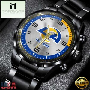 Custom Name Los Angeles Rams NFL Black Stainless Steel Watch Gifts For Fans