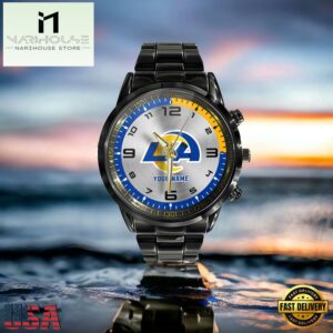 NFL Custom Name Los Angeles Rams Black Stainless Steel Watch Gifts For Fans 6 Custom Name Los Angeles Rams NFL Black Stainless Steel Watch Gifts For Fans