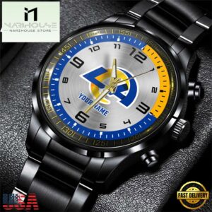Custom Name Los Angeles Rams NFL Black Stainless Steel Watch Gifts For Fans