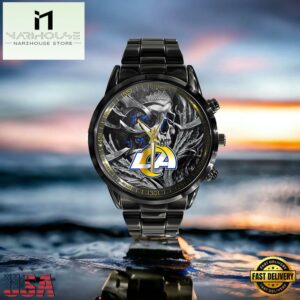 Custom Name Los Angeles Rams NFL Men Black Stainless Steel Watch Gift For Fans