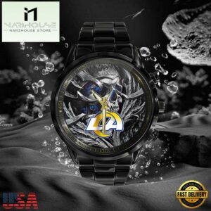 Custom Name Los Angeles Rams NFL Men Black Stainless Steel Watch Gift For Fans