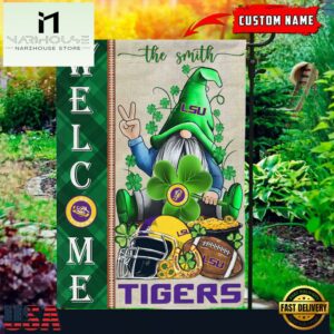 Custom Name LSU Tigers Happy St. Patrick's Day Shamrock House And Garden Flag