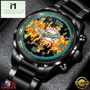 Custom Name Miami Dolphins NFL 3D Men Black Stainless Steel Watch Gift For Fans