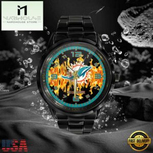 Custom Name Miami Dolphins NFL 3D Men Black Stainless Steel Watch Gift For Fans