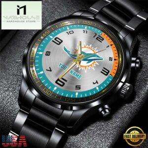 Custom Name Miami Dolphins NFL Black Stainless Steel Watch Gifts For Fans