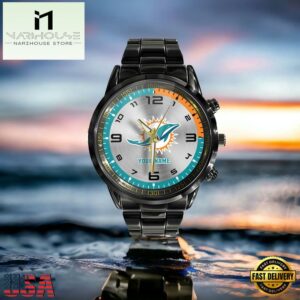 Custom Name Miami Dolphins NFL Black Stainless Steel Watch Gifts For Fans