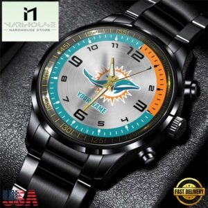 Custom Name Miami Dolphins NFL Black Stainless Steel Watch Gifts For Fans