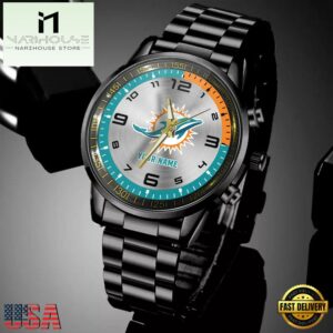 Custom Name Miami Dolphins NFL Black Stainless Steel Watch Gifts For Fans