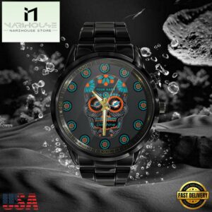 Custom Name Miami Dolphins NFL Men Black Stainless Steel Watch Gift For Fans