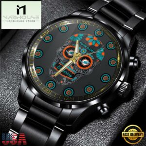 Custom Name Miami Dolphins NFL Men Black Stainless Steel Watch Gift For Fans