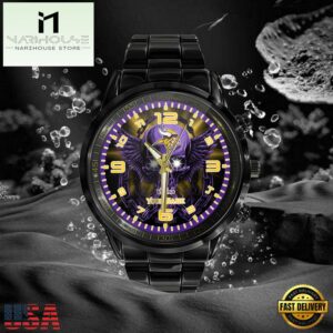 Custom Name Minnesota Vikings NFL 3D Men Black Stainless Steel Watch Gift For Fans