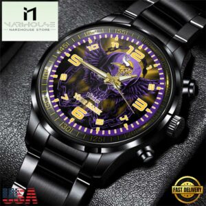 Custom Name Minnesota Vikings NFL 3D Men Black Stainless Steel Watch Gift For Fans