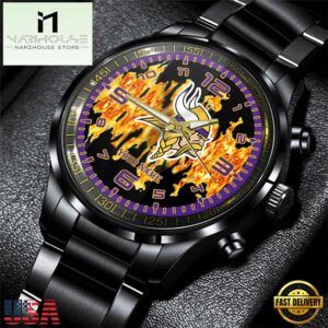 Custom Name Minnesota Vikings NFL 3D Men Black Stainless Steel Watch Gift For Fans