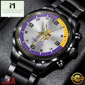 Custom Name Minnesota Vikings NFL Black Stainless Steel Watch Gifts For Fans